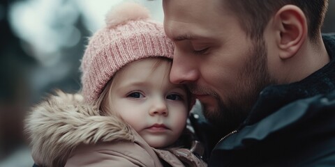 Obraz premium A tender moment of a father holding his daughter in the snow, creating memories on a cold day.
