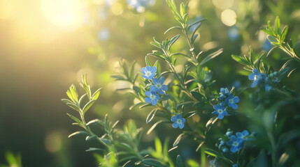 macro photography of blue forget-me-nots backlit by morning sunlight with bokeh effect in sunlit meadow during springtime bloom highlighting nature's vibrant wildflowers