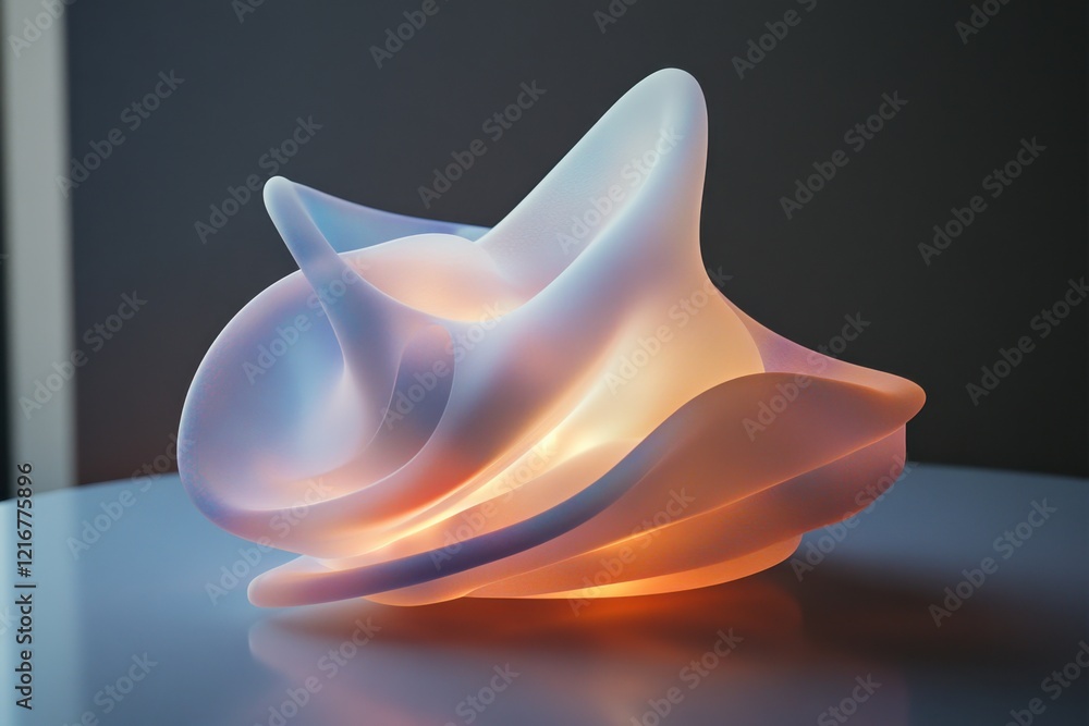 Poster modern art piece with luminous design displayed on a table in a well-lit space