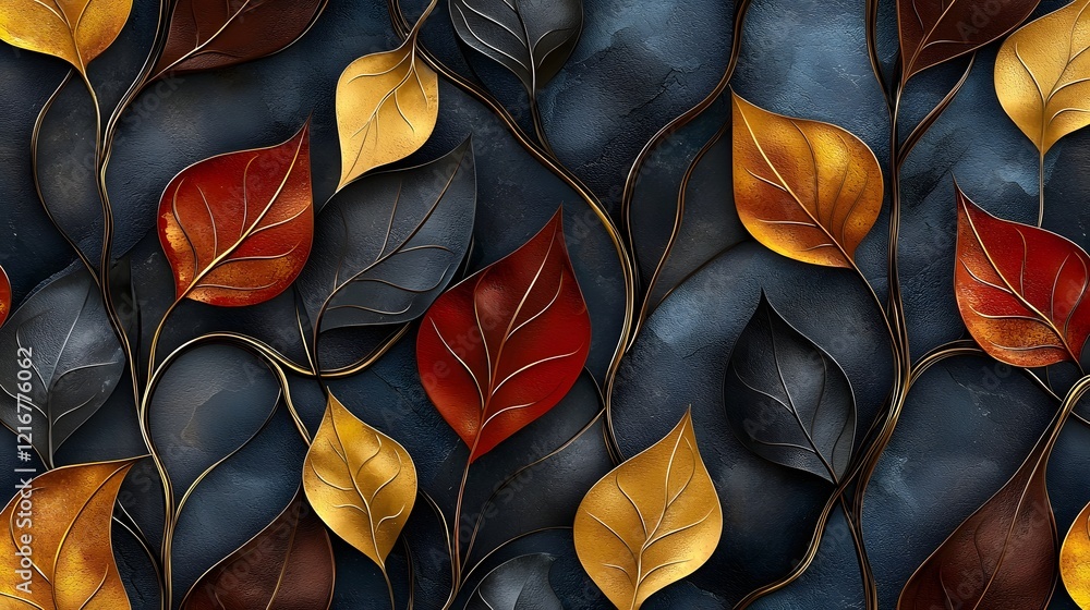 Poster Unique seamless 3D leaves pattern with a mix of geometric shapes and organic curves creating a visually appealing decorative design background dynamic