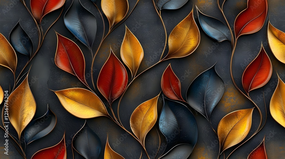 Poster Exquisite Overlapping 3D Leaf Pattern for Sophisticated Interior Backgrounds  Seamless abstract decorative design with lush layered leaves in rich autumn hues creating a dramatic high end aesthetic