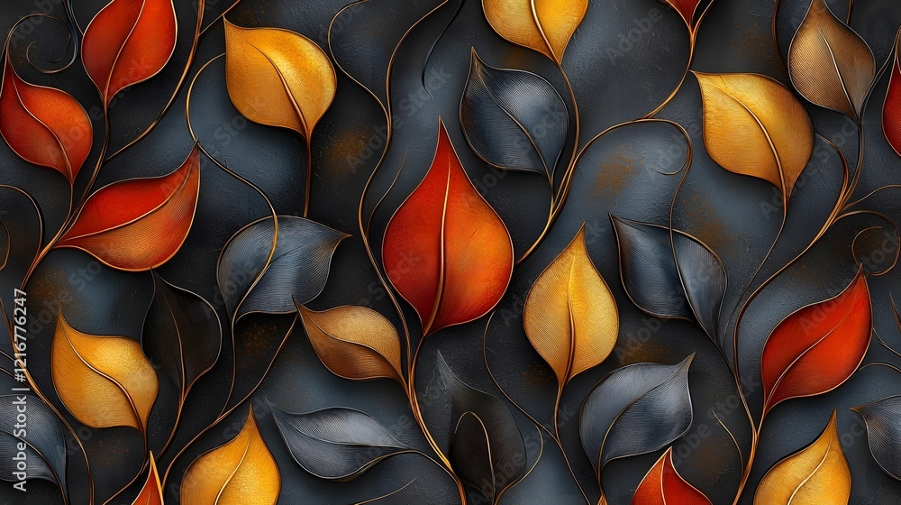 Poster Unique seamless 3D leaves pattern featuring a dynamic blend of geometric shapes and organic curves creating a visually appealing and decorative design background with a modern and aesthetic