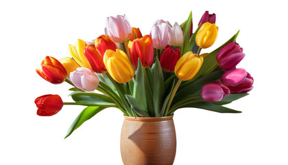 A vase of fresh tulips in bright spring colors, elegantly arranged