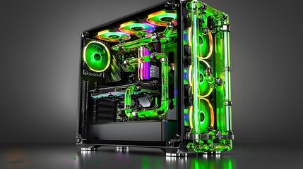 Illuminated PC case, custom water cooling, studio shot, RGB fans