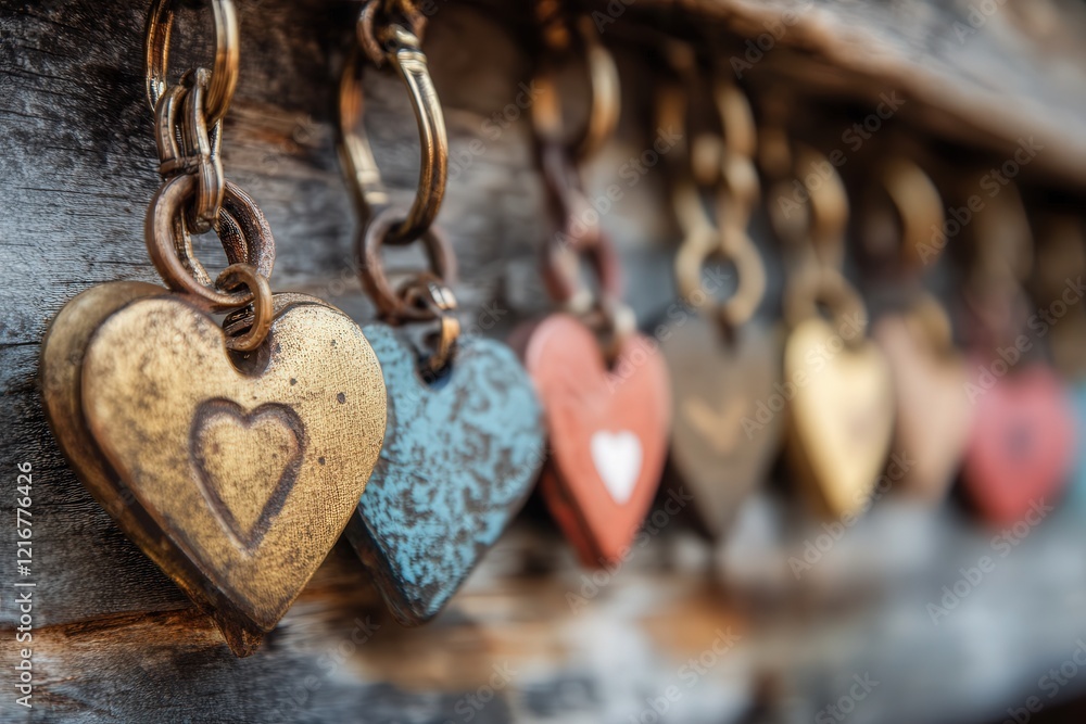 Poster a romantic scene featuring a string of heart-shaped keys, each key representing a different bond,