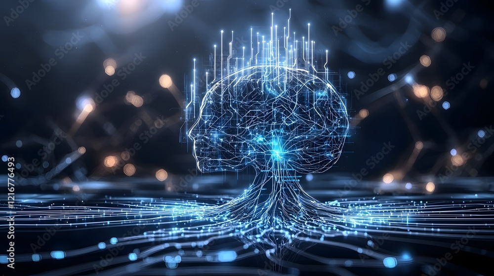 Leinwandbilder Futuristic digital silhouette of intelligence technology with glowing circuits and neural connections on a dark high tech background