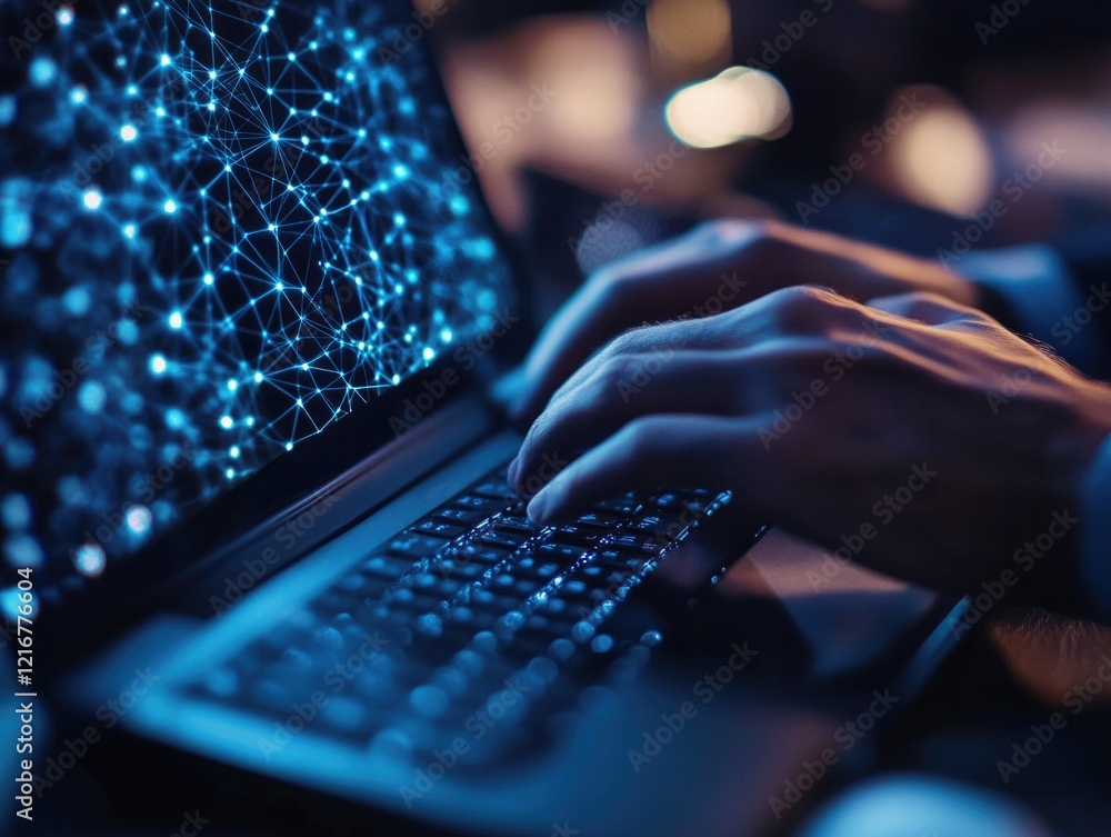 Poster hand typing on laptop screen with ai interface, symbolizing digital connectivity and technological a