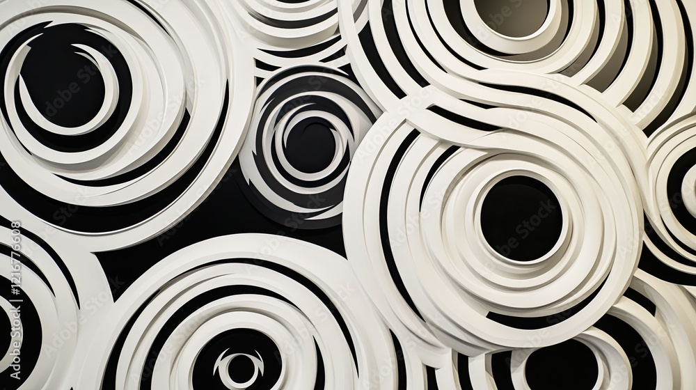 Aufkleber white and black circular patterns overlapping in a dynamic abstract composition