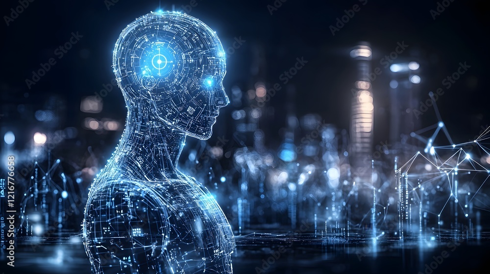 Poster Conceptual digital figure glowing in neon blue showcasing intelligence and deep learning algorithms in a cyber environment background  This image represents the intersection of technology innovation