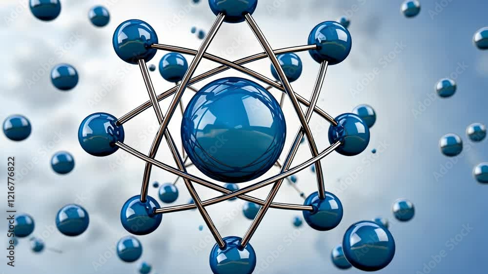 Poster abstract representation of an atomic structure with blue particles and connections