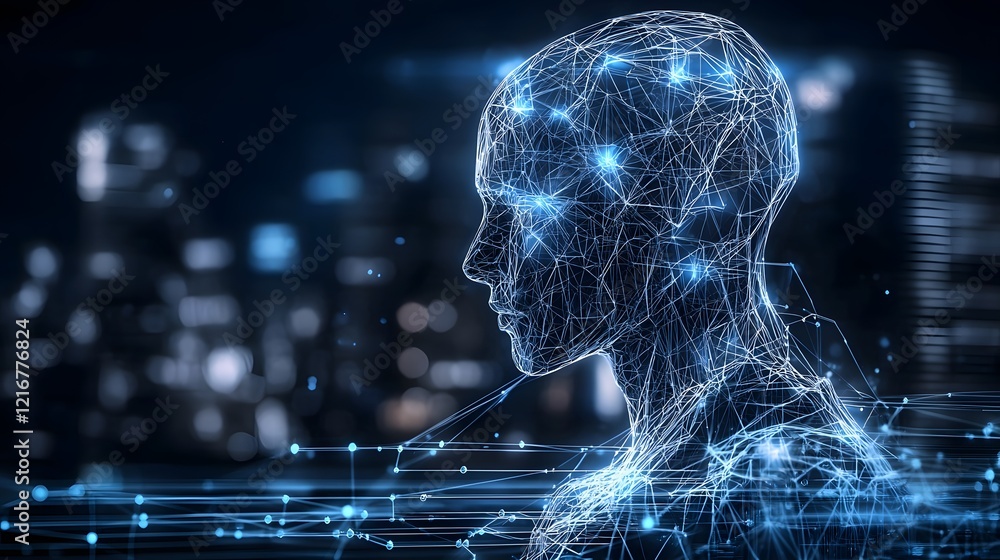 Poster Conceptual digital figure glowing in neon blue showcasing intelligence and deep learning algorithms in a cyber environment background  Visualization of the future of technology