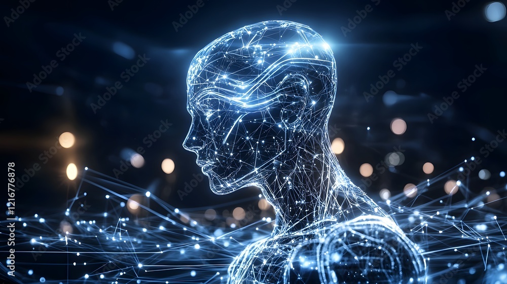 Poster Conceptual digital figure glowing in neon blue showcasing intelligence and deep learning algorithms in a cyber environment background with a modern futuristic aesthetic