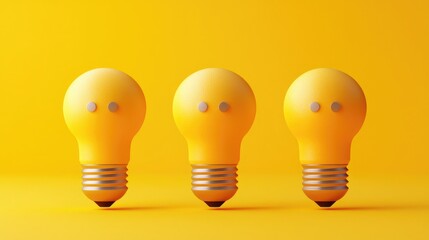 Three yellow light bulbs arranged on a bright yellow background, symbolizing ideas, creativity, and innovation.