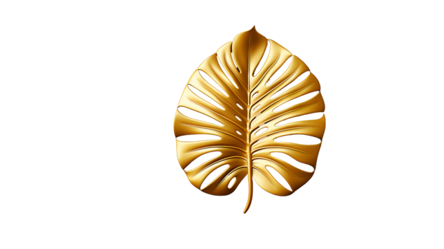 Isolated golden monstera leaf with luxury texture, ideal for elegant designs and 3D digital art, transparent background.