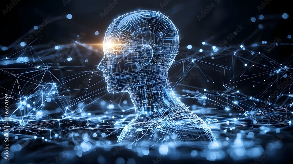 Poster Innovative abstract silhouette design with glowing light effects and a technological grid representing the future of intelligence and digital transformation