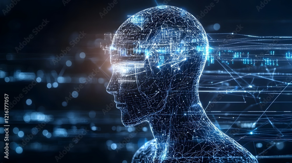 Fototapete Innovative Abstract Silhouette Design with Glowing Light Effects and Technological Grid Representing the Future of Intelligence and Technological Advancements