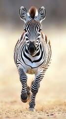 Naklejka premium Front-view running zebra on a light gray background