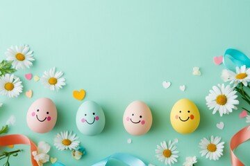 Smiling Easter-colored eggs surrounded by fresh daisies on a mint green background, arranged in a flat lay style.
