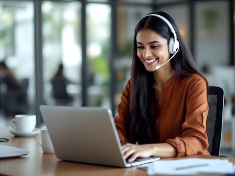 Smiling support agent working remotely on her laptop with headset on at office - Powered by Adobe