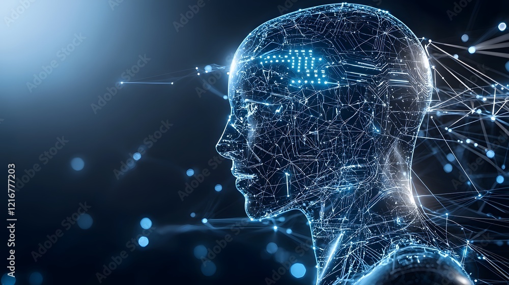 Poster Futuristic digital representation of intelligence with a glowing silhouette composed of interconnected nodes and circuits in a sleek abstract background  Conceptual visualization of machine learning