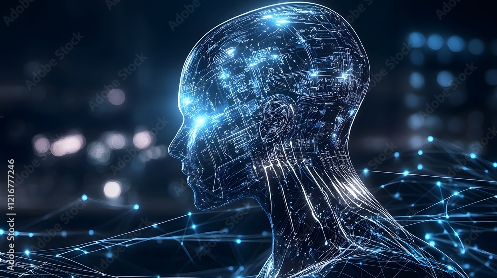 Poster Futuristic digital representation of intelligence with a sleek glowing silhouette composed of interconnected nodes and circuits against a dark modern background