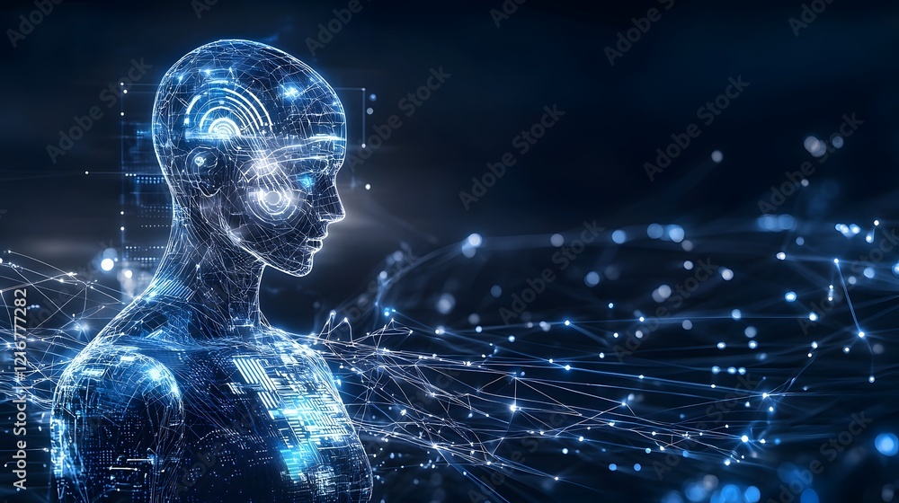 Poster Futuristic figure surrounded by dynamic data visualization digital networks and advanced machine learning symbols representing the cutting edge of intelligence and technology