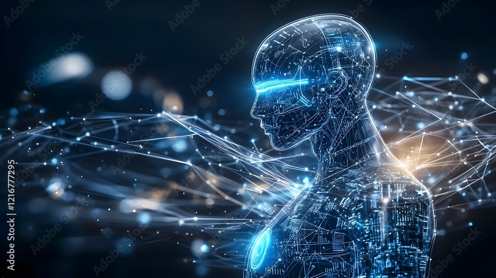 Poster Advanced AI powered digital figure surrounded by a dynamic array of futuristic data visualization elements symbolizing the power of machine learning and intelligence in shaping the future