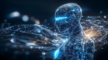 Advanced AI powered digital figure surrounded by a dynamic array of futuristic data visualization elements symbolizing the power of machine learning and intelligence in shaping the future