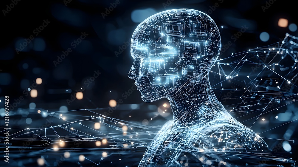 Aufkleber Futuristic digital depicting an intelligence entity with a glowing human like silhouette embedded with intricate circuits and algorithmic patterns against a visionary technological background