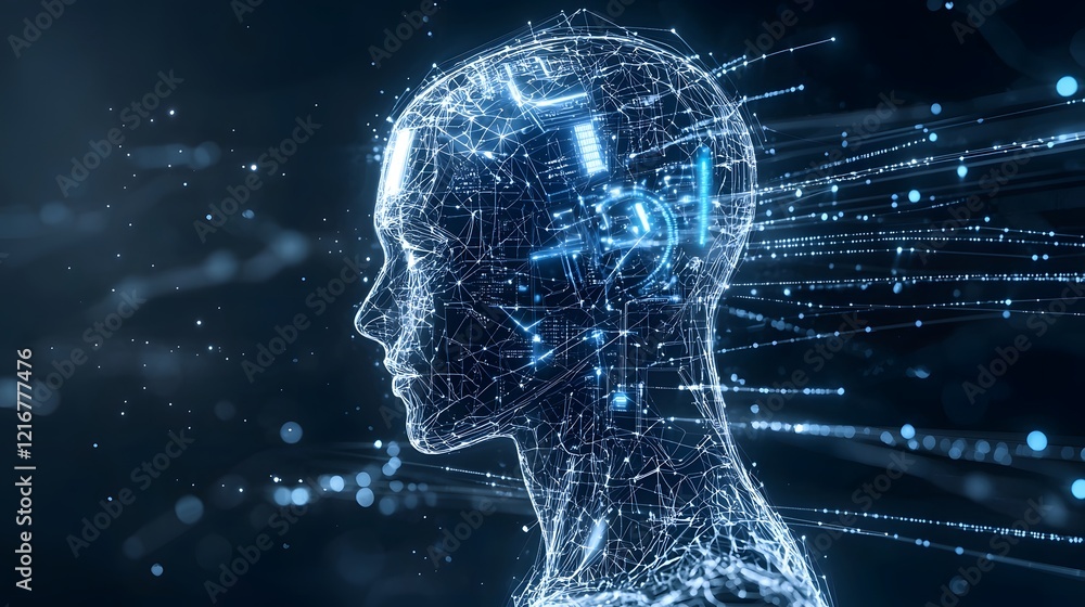 Poster Futuristic Intelligence Design with Glowing Silhouette and Algorithmic Patterns  A visionary digital artwork depicting an advanced