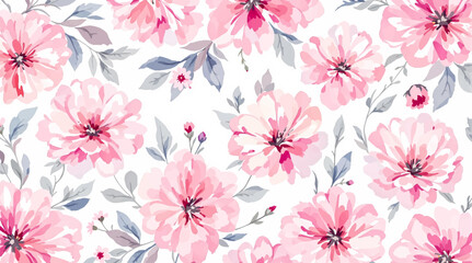 Seamless pattern with Pink flowers painted in watercolor style on a white background, elegant floral design