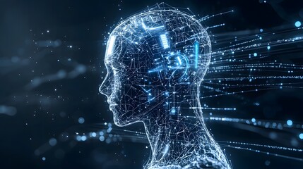 Futuristic Intelligence Design with Glowing Silhouette and Algorithmic Patterns  A visionary digital artwork depicting an advanced