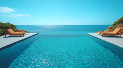 Obraz premium Swimming pool with sun loungers on the background of the sea