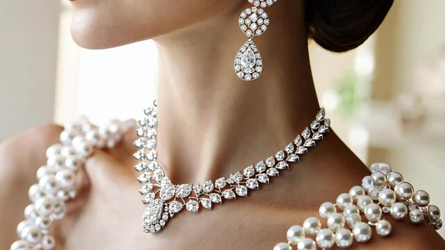 Elegant jewelry enhances the beauty of a woman at a luxurious event in a bright, upscale venue
