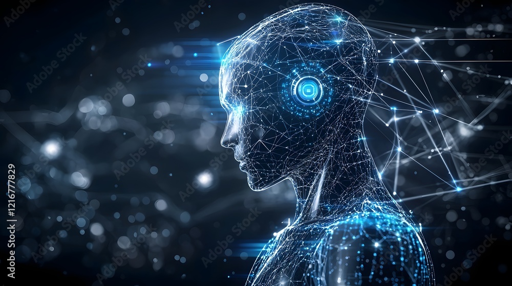 Poster Cybernetic digital silhouette with glowing pathways and futuristic design visualizing intelligence and technology in a minimal abstract sci fi background