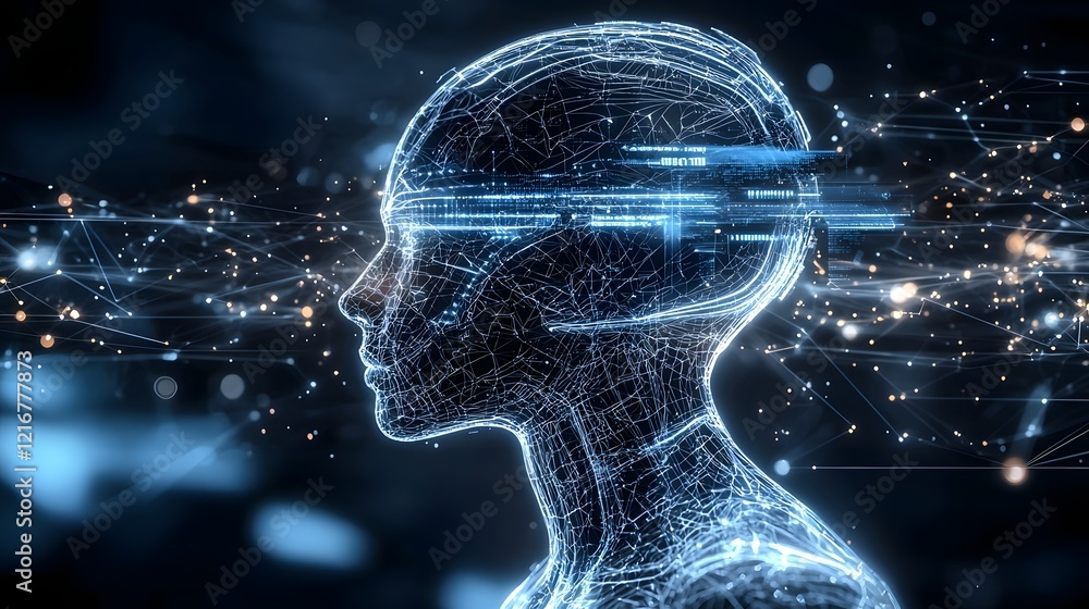 Poster Cybernetic Digital Silhouette with Futuristic Glowing Pathways Visualizing Intelligence and Technology in a Minimal Abstract Background  Concept of Future Innovation and Creativity