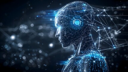 Cybernetic digital silhouette with glowing pathways and futuristic design visualizing intelligence and technology in a minimal abstract sci fi background