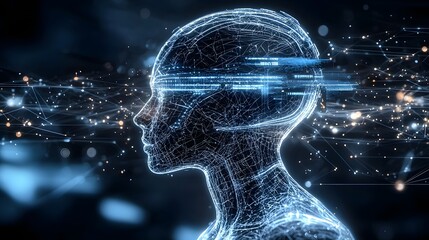Cybernetic Digital Silhouette with Futuristic Glowing Pathways Visualizing Intelligence and Technology in a Minimal Abstract Background  Concept of Future Innovation and Creativity