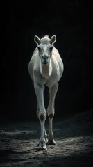 Fototapeta premium A photorealistic image of a white camel gracefully walking on a sandy surface under dramatic lighting. The dark background creates a striking contrast, emphasizing the elegance 