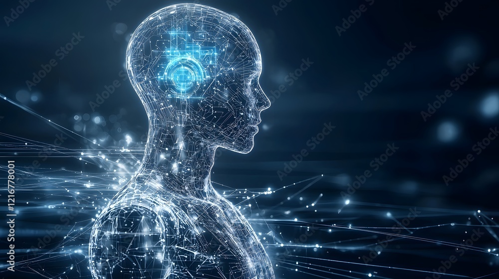 Poster Cybernetic Digital Silhouette with Glowing Pathways and Futuristic Design Visualizing Intelligence and Technology Background Minimal