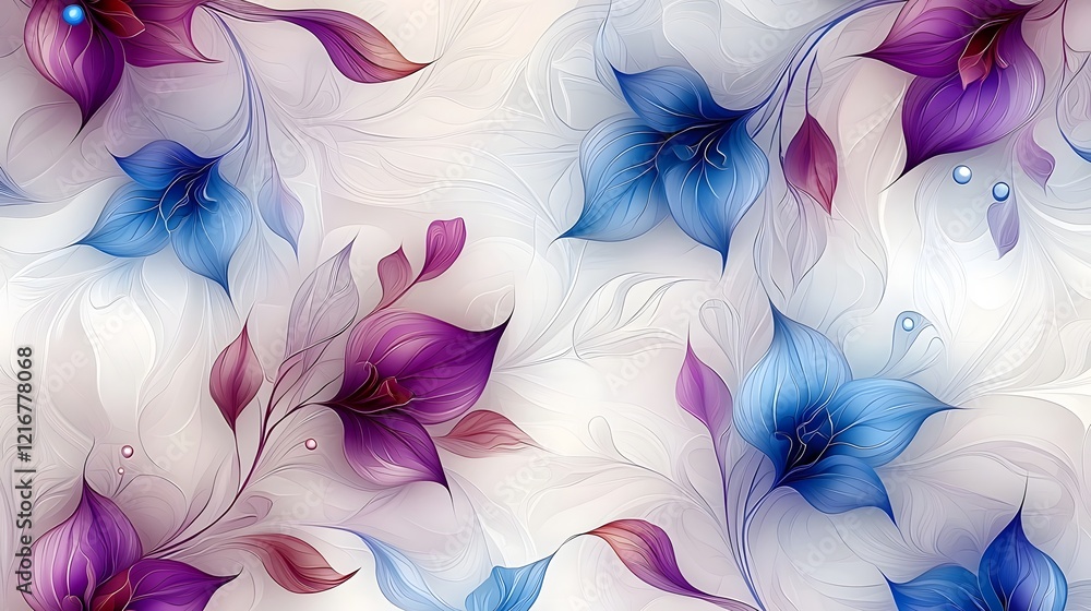 Poster ethereal and mystical seamless floral pattern with soft textured abstract purple and blue flowers bl