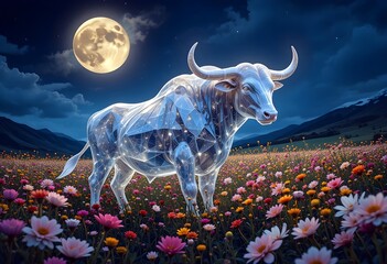 Bull like a crystal bull surrounded by flower fields