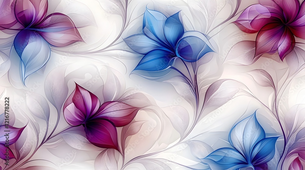 Poster elegant and seamless floral pattern featuring vibrant purple and blue flowers with soft gradients an