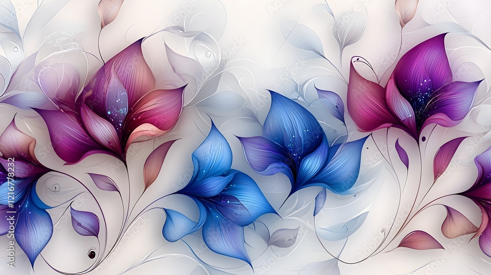 Poster elegant seamless pattern featuring magical purple and blue flowers with soft gradients and intricate