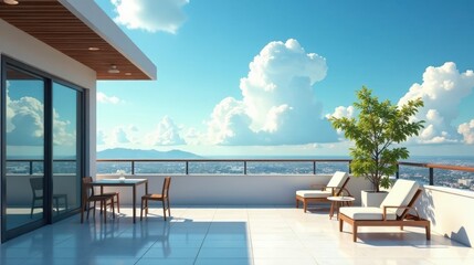 Fototapeta premium Modern Penthouse Terrace with Panoramic City Views and Luxurious Outdoor Furniture