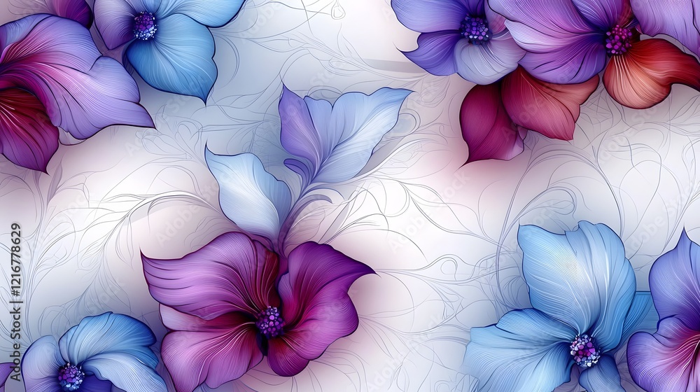 Poster seamless pattern of mystical purple and blue flowers with delicate textures and a beautiful abstract