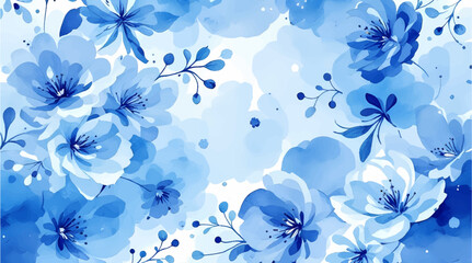 Seamless pattern with blue flowers painted in watercolor style on a white background, elegant floral design