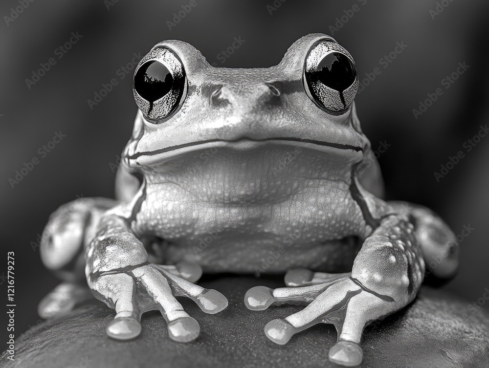 Poster a frog is sitting on a rock and looking at the camera. the image has a black and white color scheme,