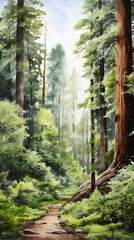 Digital watercolor redwood trees forest landscape abstract graphic poster background