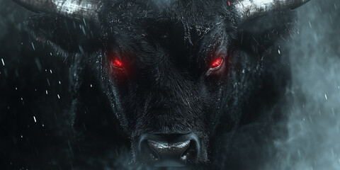 Fototapeta premium Dark and Powerful Bull With Glowing Red Eyes in Dramatic Atmosphere
